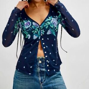 Free People Navy Floral Button-Down Shirt
